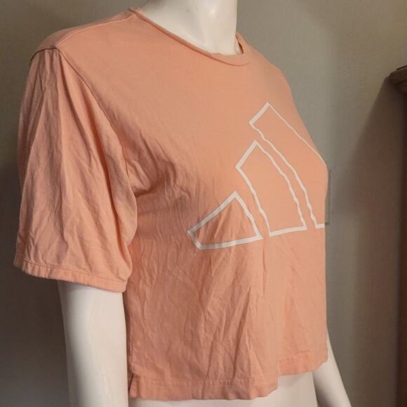 Adidas Pink Cropped Workout T-Shirt Size Small Gym Yoga Athleisure Logo Active - Picture 7 of 10